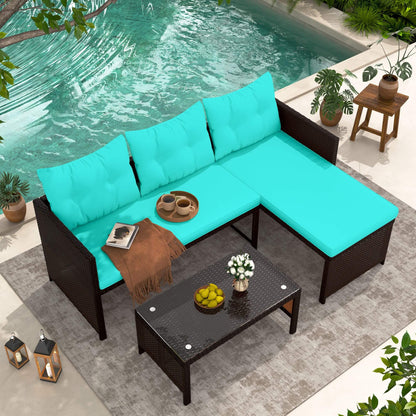 EROMMY 3 Piece Outdoor Patio Furniture Set, All-Weather PE Rattan Sofa Set with Glass Table & Cushions, Blue