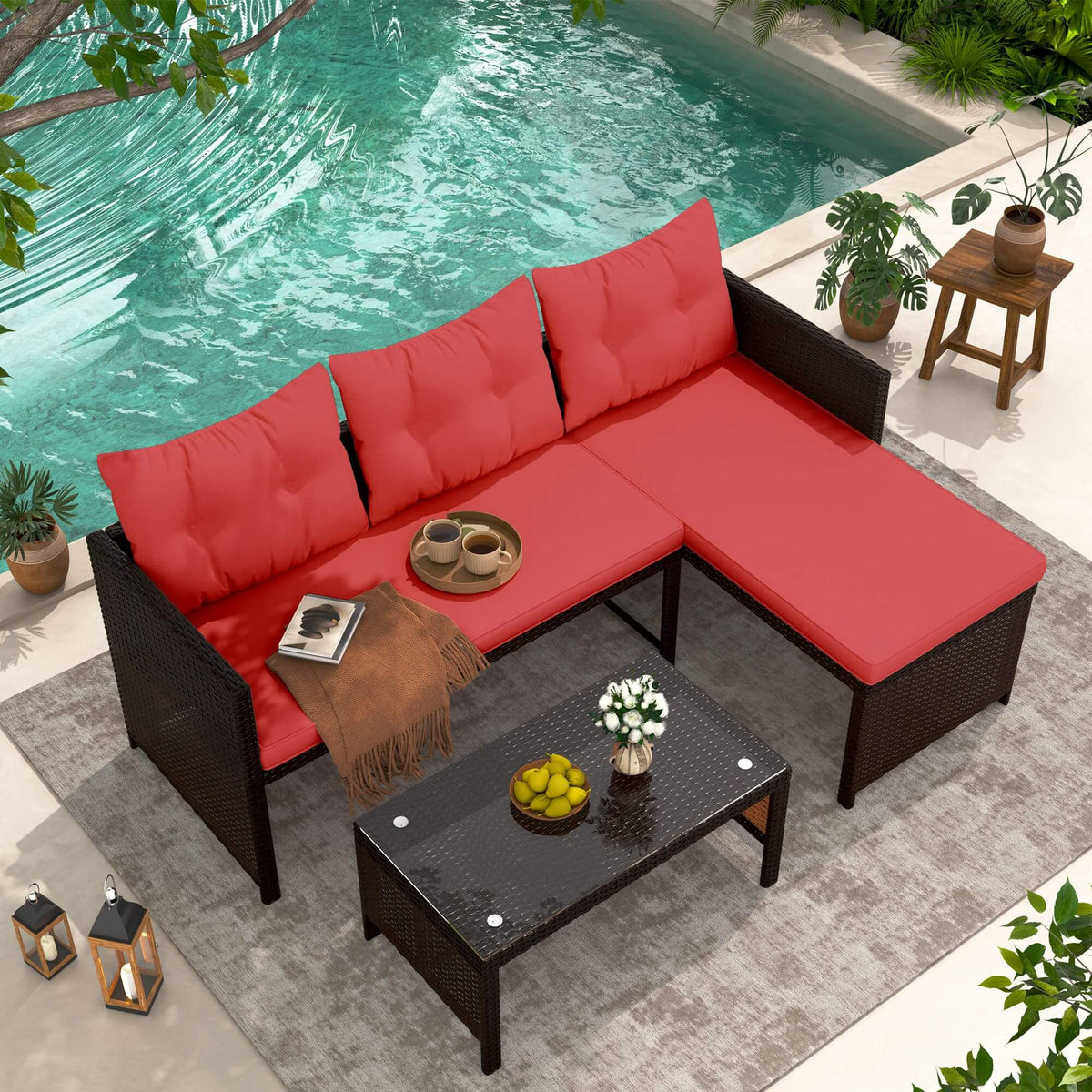 EROMMY 3 Piece Outdoor Patio Furniture Set, All-Weather PE Rattan Sofa Set with Glass Table & Cushions, Red
