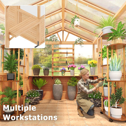 EROMMY 7x11 FT Spruce Wood Greenhouse with Pergola, Walk-in Polycarbonate Greenhouse Kit with Top-Hung Windows