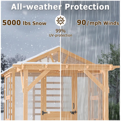EROMMY 7x11 FT Spruce Wood Greenhouse with Pergola, Walk-in Polycarbonate Greenhouse Kit with Top-Hung Windows