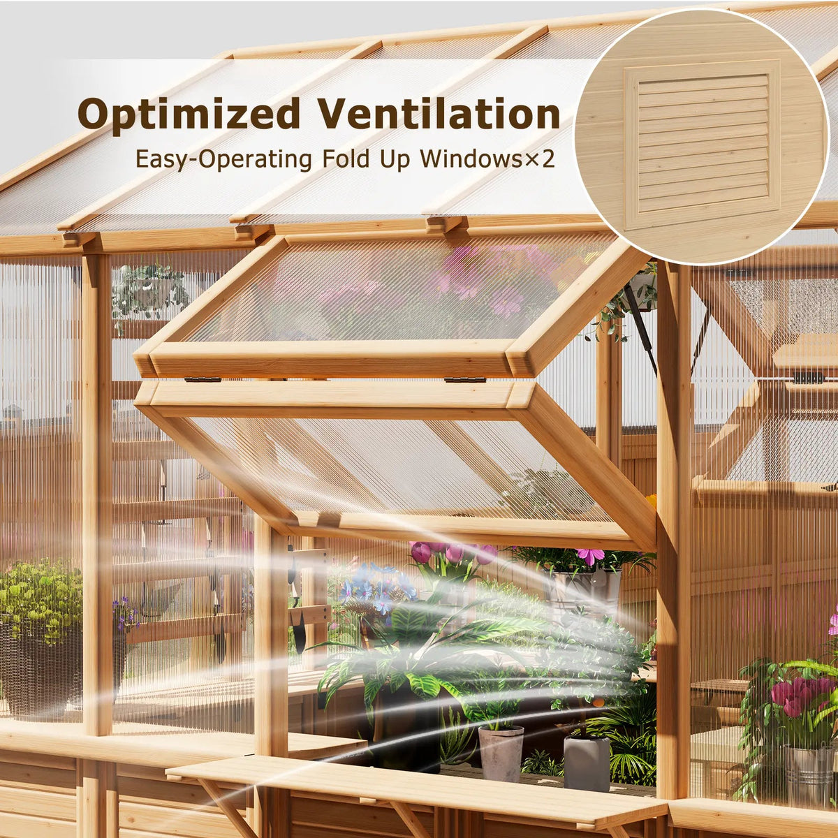 EROMMY 7x11 FT Spruce Wood Greenhouse with Pergola, Walk-in Polycarbonate Greenhouse Kit with Top-Hung Windows