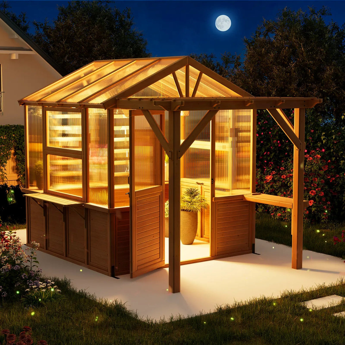 EROMMY 7x11 FT Spruce Wood Greenhouse with Pergola, Walk-in Polycarbonate Greenhouse Kit with Top-Hung Windows