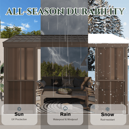 EROMMY 10 x 12FT Wall-Mounted Sunroom with Removable 3-Sided Doors & Aluminum Frame, All-Weather Sun Room with Galvanized Steel Roof, 6mm Thickened PC Screen