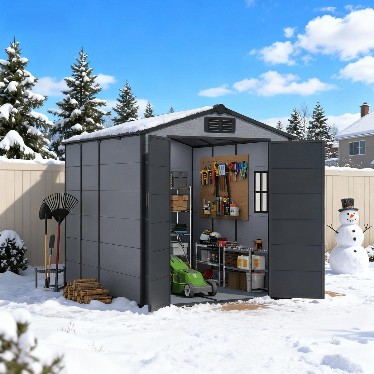 6x8 FT Outdoor Storage Shed, Weather-Resistant Shed with Lockable Double Doors & Built-In Floor, Sloped Roof Outdoor Shed for Backyard, Patio & Lawn, Black