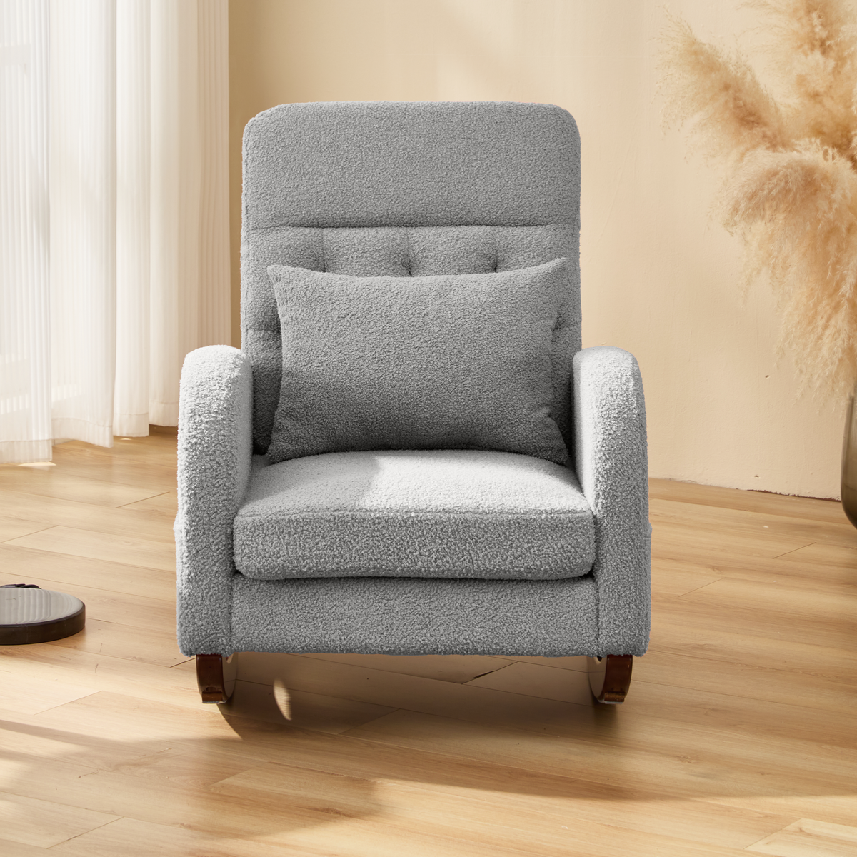 EROMMY Solid Wood Rocking Chair with Cushion & Blanket, Gray, Low Legs