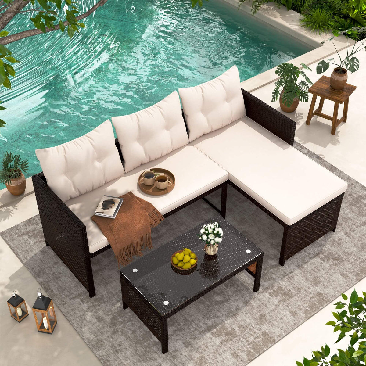 EROMMY 3 Piece Outdoor Patio Furniture Set, All-Weather PE Rattan Sofa Set with Glass Table & Cushions, Khaki