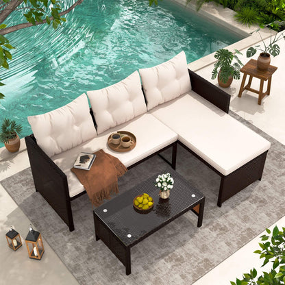 EROMMY 3 Piece Outdoor Patio Furniture Set, All-Weather PE Rattan Sofa Set with Glass Table & Cushions, Khaki