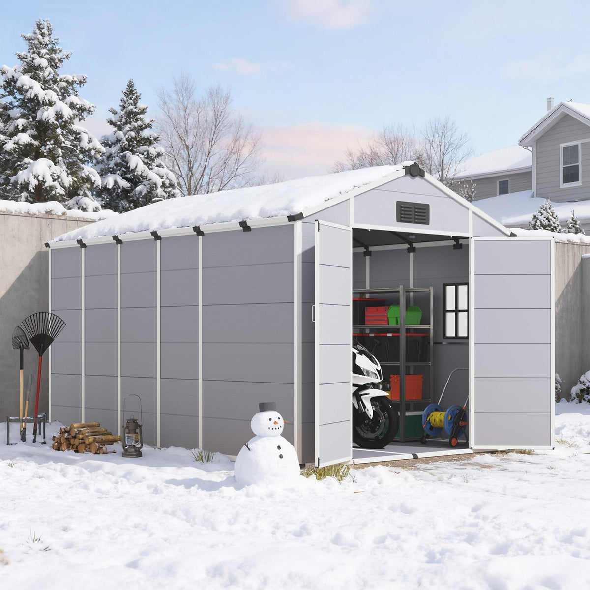 Erommy 8x12 FT Outdoor Storage Shed, Weather-Resistant Shed with Lockable Double Doors & Built-In Floor, Sloped Roof Outdoor Shed for Backyard, Patio & Lawn, Gray
