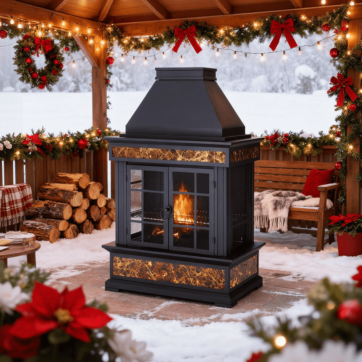 EROMMY 57" Outdoor Fireplace, Tile Finish Wood Burning Steel Fire Pit with Removable Ash Pan & Grate, Chimney, Fire Poker, Rain Cover