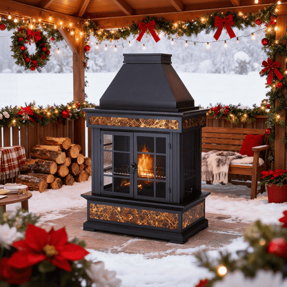 EROMMY 57" Outdoor Fireplace, Tile Finish Wood Burning Steel Fire Pit with Removable Ash Pan & Grate, Chimney, Fire Poker, Rain Cover