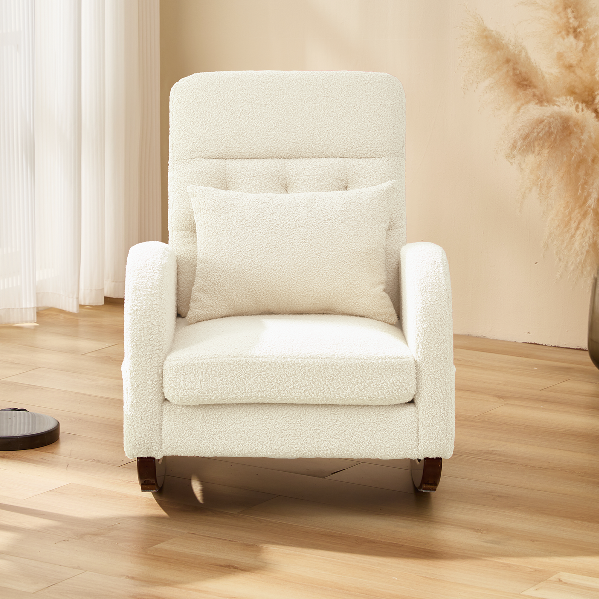 EROMMY Solid Wood Rocking Chair with Cushion & Blanket, Beige, Low Legs
