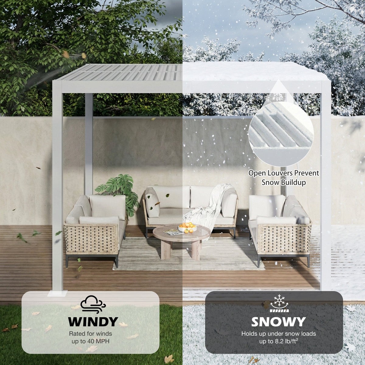 EROMMY 10' x 10' Outdoor Pergola with Adjustable Louvered Roof & Integrated Drainage, White