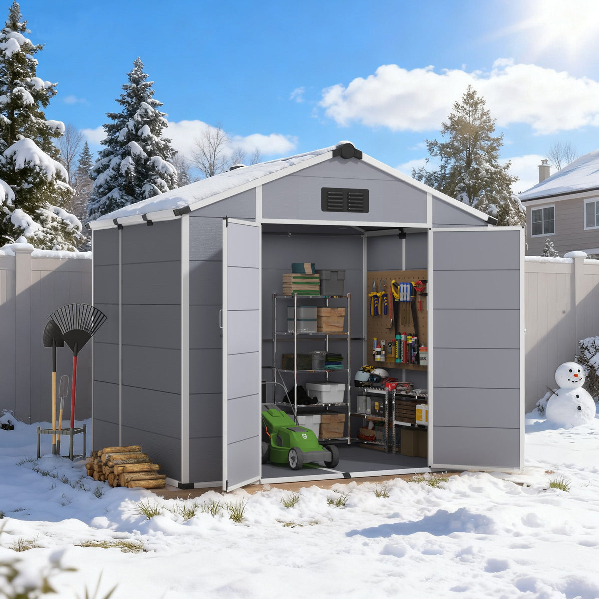 Erommy 8x6 FT Outdoor Storage Shed, Weather-Resistant Shed with Lockable Double Doors & Built-In Floor, Sloped Roof Outdoor Shed for Backyard, Patio & Lawn, Gray