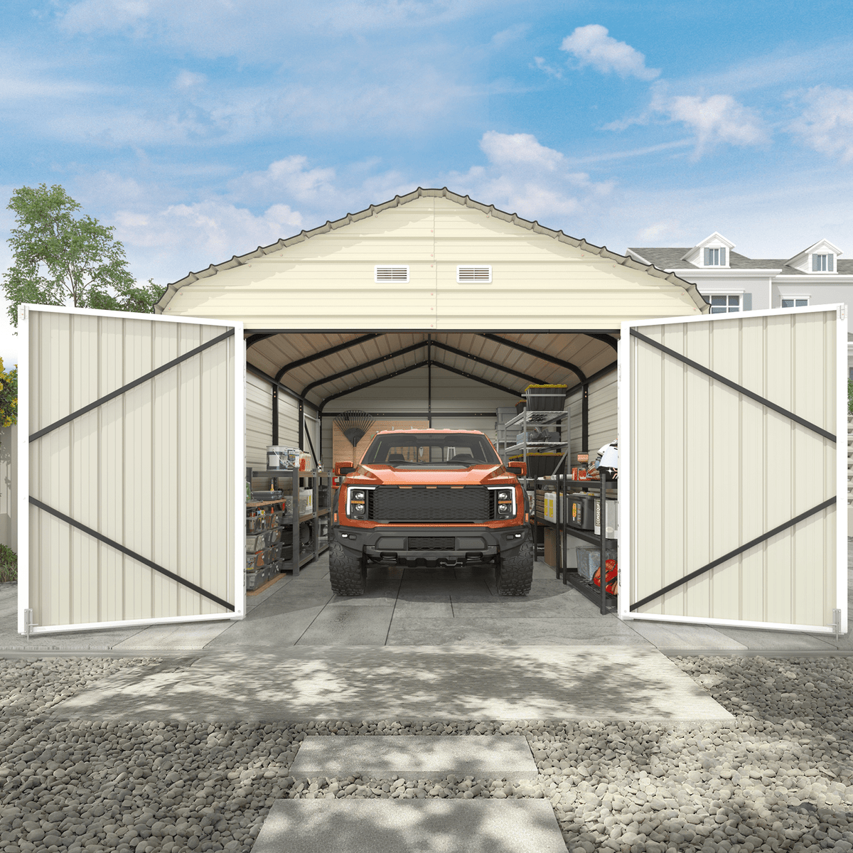 EROMMY 12x20 FT Heavy Duty Carport - Galvanized Steel Frame Car Shelter with Reinforced Base, Enclosed Storage Shed for Cars & Trucks, Beige