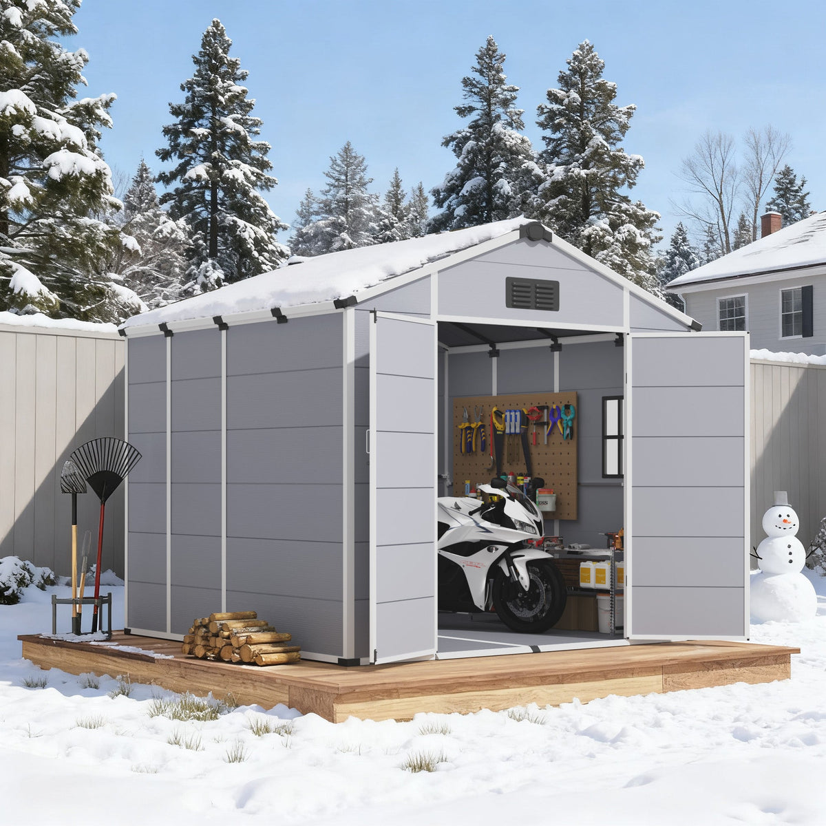 8x8 FT Outdoor Storage Shed, Weather-Resistant Shed with Lockable Double Doors & Built-In Floor, Sloped Roof Outdoor Shed for Backyard, Patio & Lawn, Gray