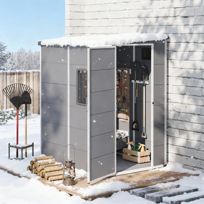 Erommy 4x5 FT Outdoor Storage Shed, Weather-Resistant Shed with Lockable Doors & Built-In Floor, Sloped Roof Outdoor Shed for Backyard, Patio & Lawn, Gray