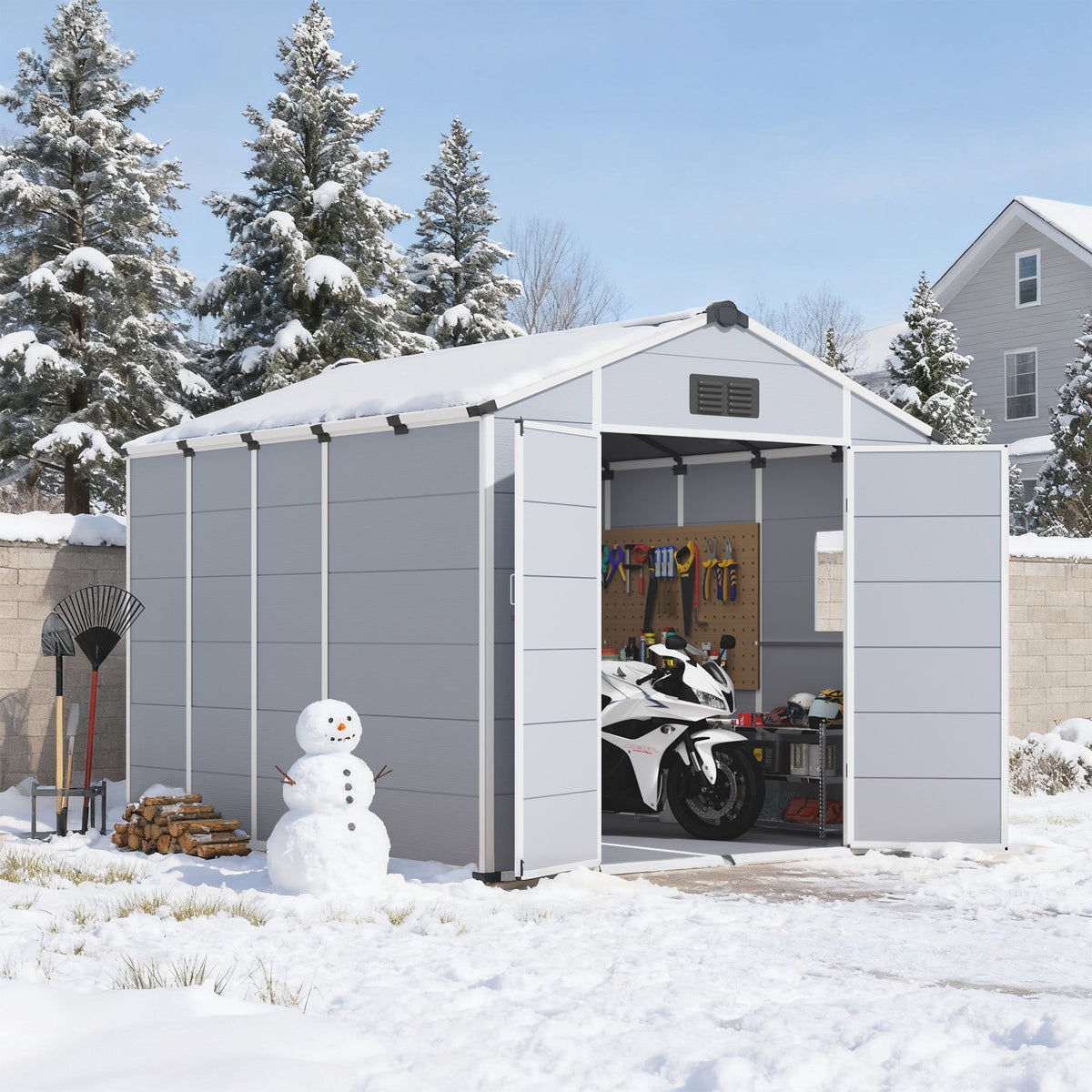 8x10 FT Outdoor Storage Shed, Weather-Resistant Shed with Lockable Double Doors & Built-In Floor, Sloped Roof Outdoor Shed for Backyard, Patio & Lawn, Gray