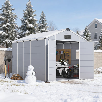 8x10 FT Outdoor Storage Shed, Weather-Resistant Shed with Lockable Double Doors & Built-In Floor, Sloped Roof Outdoor Shed for Backyard, Patio & Lawn, Gray
