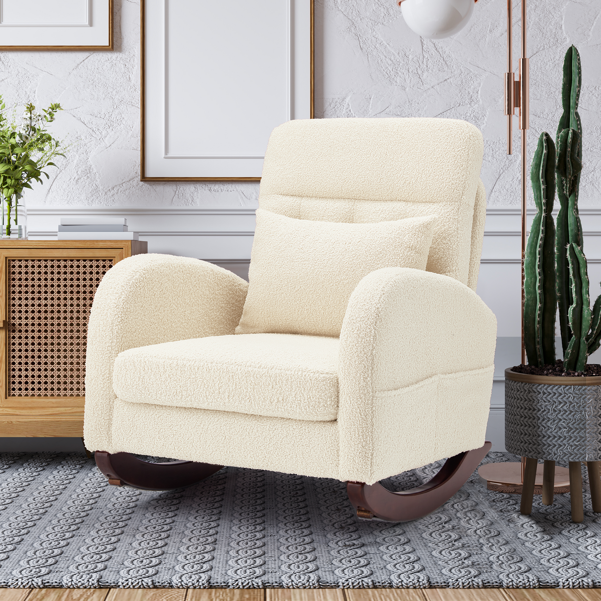 EROMMY Solid Wood Rocking Chair with Cushion & Blanket, Beige, Low Legs