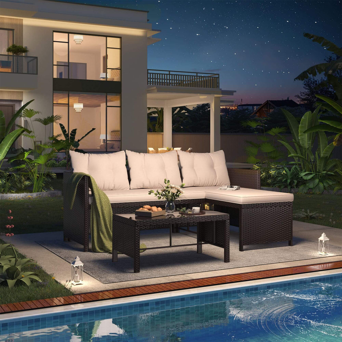 EROMMY 3 Piece Outdoor Patio Furniture Set, All-Weather PE Rattan Sofa Set with Glass Table & Cushions, Khaki