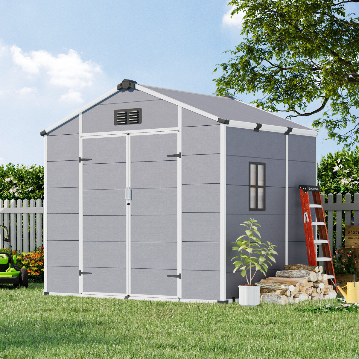 Erommy 8x6 FT Outdoor Storage Shed, Weather-Resistant Shed with Lockable Double Doors & Built-In Floor, Sloped Roof Outdoor Shed for Backyard, Patio & Lawn, Gray