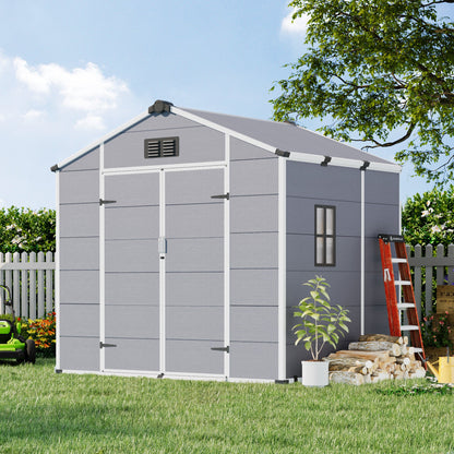 Erommy 8x6 FT Outdoor Storage Shed, Weather-Resistant Shed with Lockable Double Doors & Built-In Floor, Sloped Roof Outdoor Shed for Backyard, Patio & Lawn, Gray