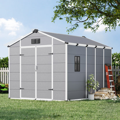 8x10 FT Outdoor Storage Shed, Weather-Resistant Shed with Lockable Double Doors & Built-In Floor, Sloped Roof Outdoor Shed for Backyard, Patio & Lawn, Gray
