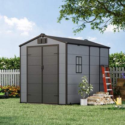 6x8 FT Outdoor Storage Shed, Weather-Resistant Shed with Lockable Double Doors & Built-In Floor, Sloped Roof Outdoor Shed for Backyard, Patio & Lawn, Black