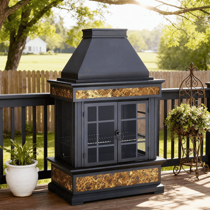 EROMMY 57" Outdoor Fireplace, Tile Finish Wood Burning Steel Fire Pit with Removable Ash Pan & Grate, Chimney, Fire Poker, Rain Cover