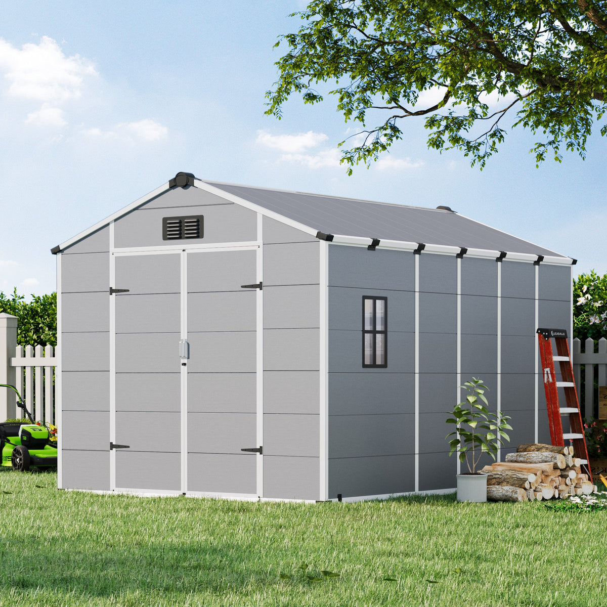 Erommy 8x12 FT Outdoor Storage Shed, Weather-Resistant Shed with Lockable Double Doors & Built-In Floor, Sloped Roof Outdoor Shed for Backyard, Patio & Lawn, Gray