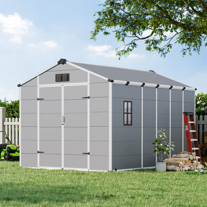 Erommy 8x12 FT Outdoor Storage Shed, Weather-Resistant Shed with Lockable Double Doors & Built-In Floor, Sloped Roof Outdoor Shed for Backyard, Patio & Lawn, Gray