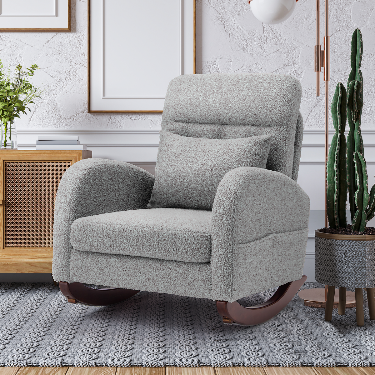 EROMMY Solid Wood Rocking Chair with Cushion & Blanket, Gray, Low Legs