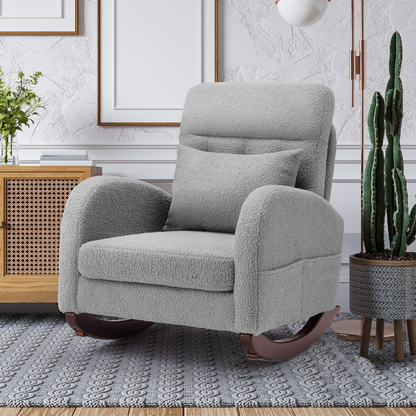 EROMMY Solid Wood Rocking Chair with Cushion & Blanket, Gray, Low Legs