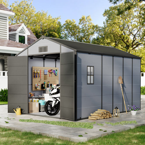 Erommy 8x12 FT Outdoor Storage Shed, Weather-Resistant Shed with Lockable Double Doors & Built-In Floor, Sloped Roof Outdoor Shed for Backyard, Patio & Lawn, Black