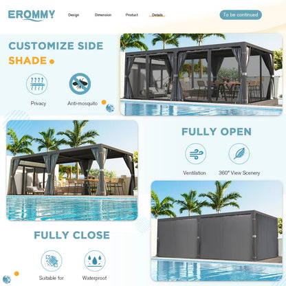 EROMMY 10x20 Metal Louvered Pergola with Outdoor Curtains (Dark Grey)