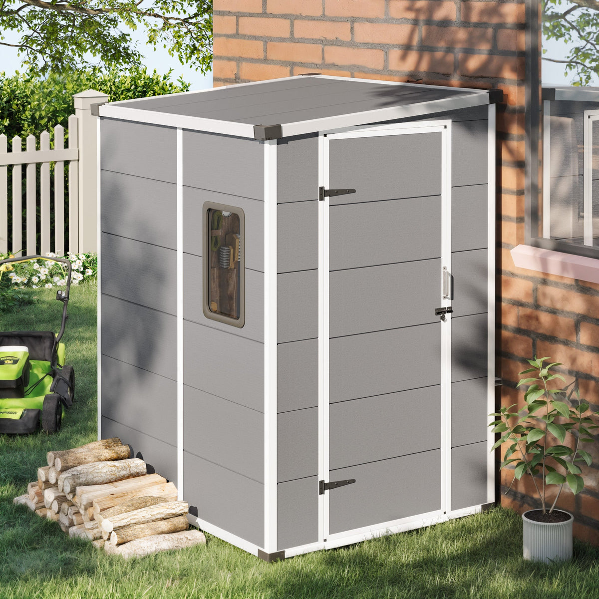 Erommy 4x5 FT Outdoor Storage Shed, Weather-Resistant Shed with Lockable Doors & Built-In Floor, Sloped Roof Outdoor Shed for Backyard, Patio & Lawn, Gray