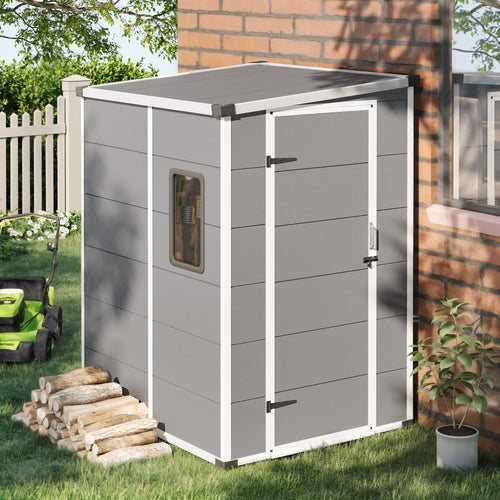 Erommy 4x5 FT Outdoor Storage Shed, Weather-Resistant Shed with Lockable Doors & Built-In Floor, Sloped Roof Outdoor Shed for Backyard, Patio & Lawn, Gray
