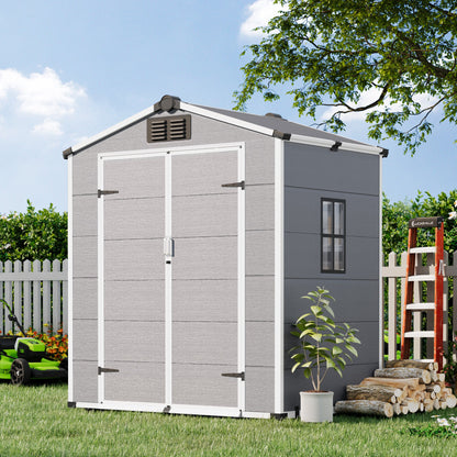 Erommy 6x4 FT Outdoor Storage Shed, Weather-Resistant Shed with Lockable Double Doors & Built-In Floor, Sloped Roof Outdoor Shed for Backyard, Patio & Lawn, Gray