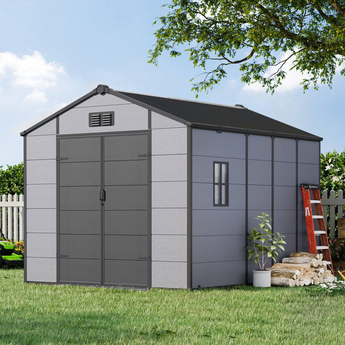 Erommy 8x10 FT Outdoor Storage Shed, Weather-Resistant Shed with Lockable Double Doors & Built-In Floor, Sloped Roof Outdoor Shed for Backyard, Patio & Lawn, Black