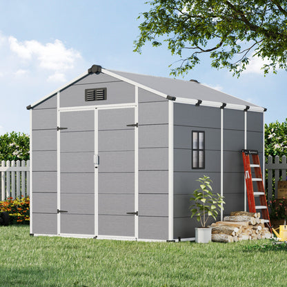8x8 FT Outdoor Storage Shed, Weather-Resistant Shed with Lockable Double Doors & Built-In Floor, Sloped Roof Outdoor Shed for Backyard, Patio & Lawn, Gray