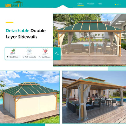 EROMMY 12X16 Gazebo with Wooden Grain Coated Aluminum Frame