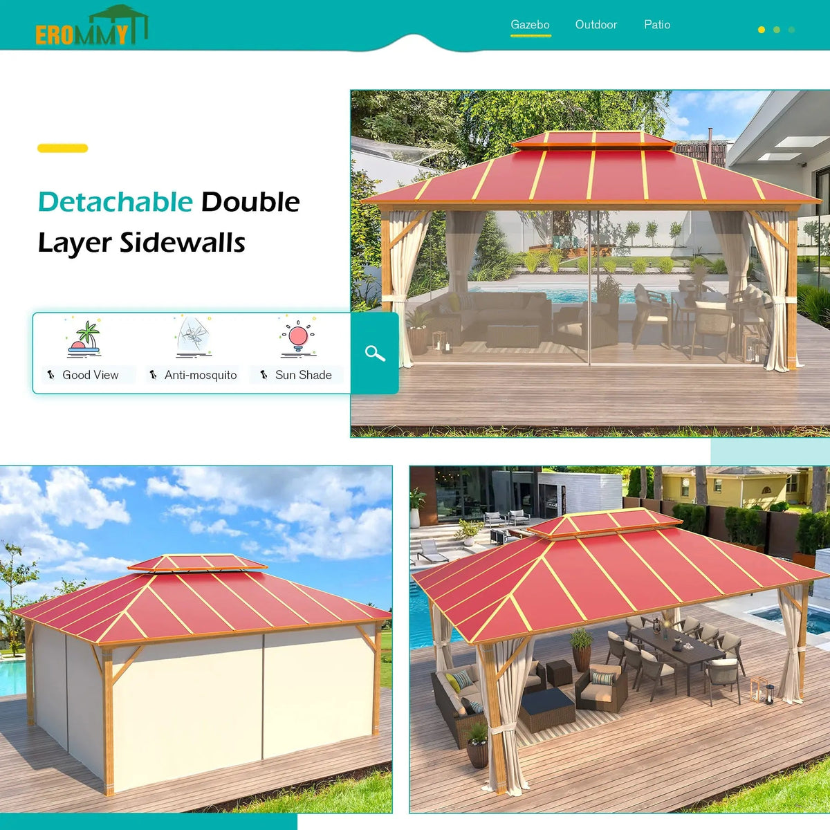 EROMMY 12X16 Waterproof Gazebo with Aluminum Double Roof
