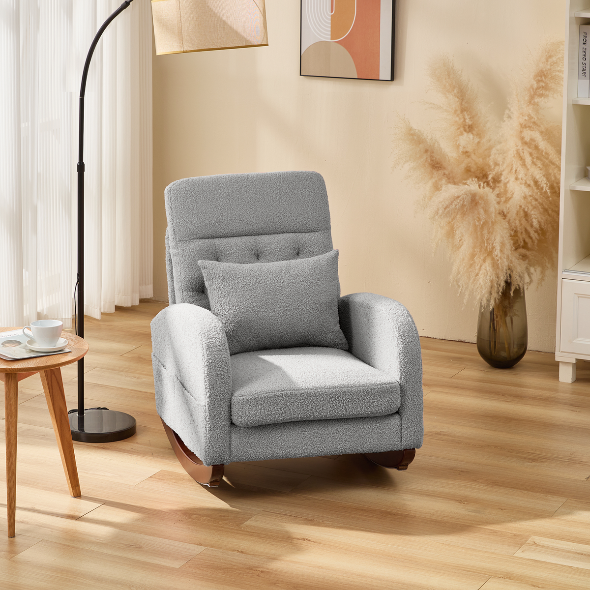 EROMMY Solid Wood Rocking Chair with Cushion & Blanket, Gray, Low Legs
