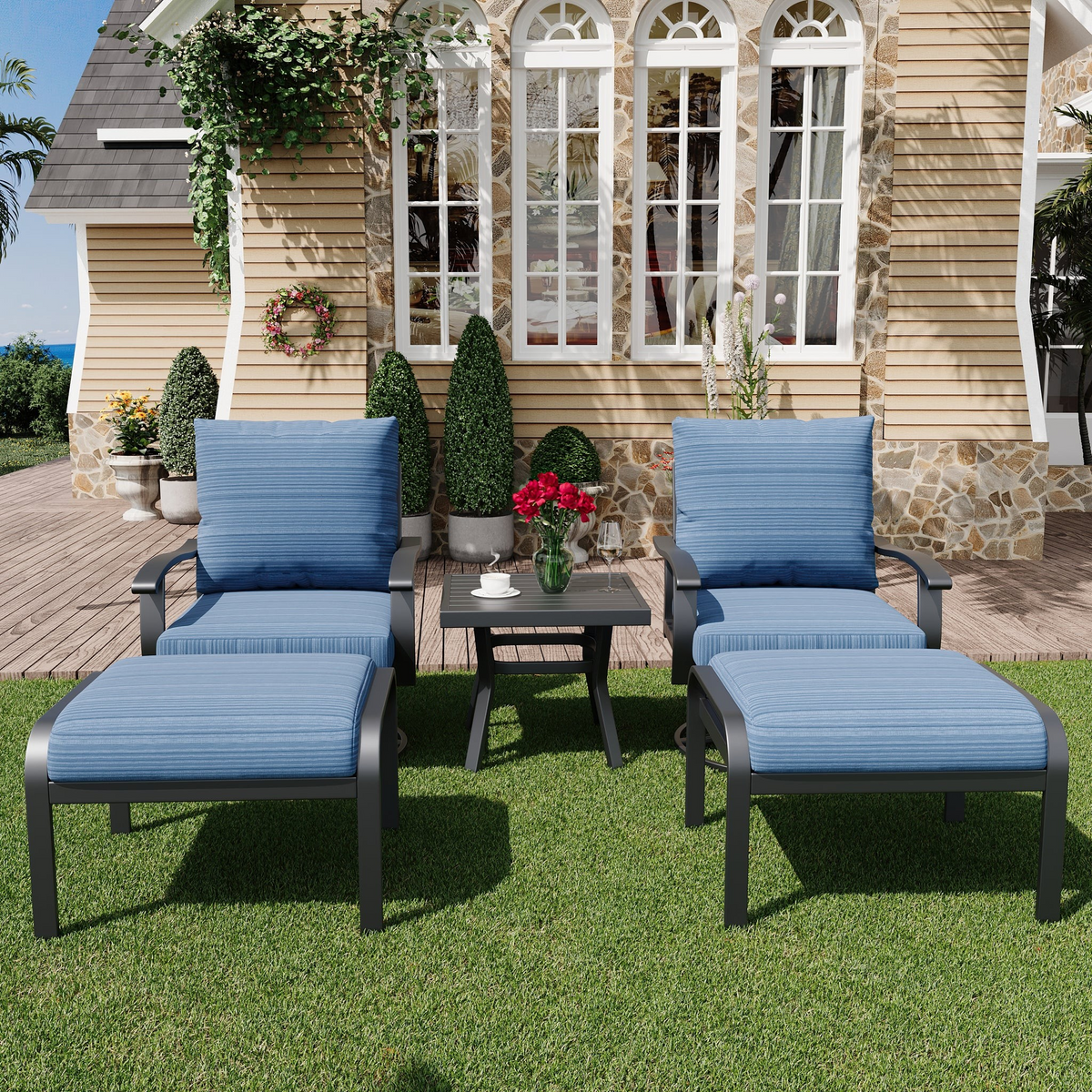 EROMMY Outdoor Swivel Rocker Patio Chairs with Ottomans, 5 PCS Bistro Set for Garden, Deck, Blue