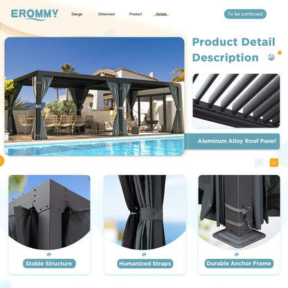 EROMMY 12x20 Freestanding Pergola with Louvered Roof, Dark Grey