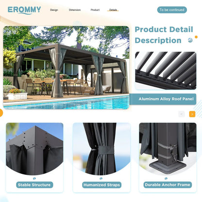 EROMMY 10x20 Metal Louvered Pergola with Outdoor Curtains, Dark Grey