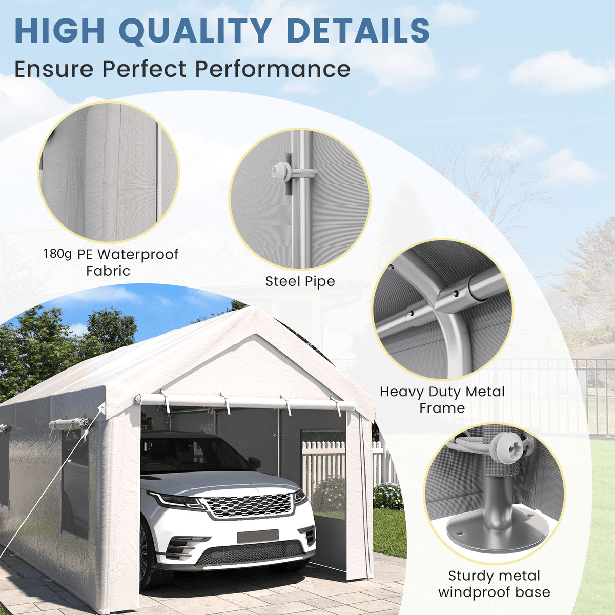 EROMMY Carport, 10' x 20' Heavy Duty Carport with Roll-up Windows，Portable Garage with Removable Sidewalls, Car Canopy  for Truck, Tractor, Boat, White