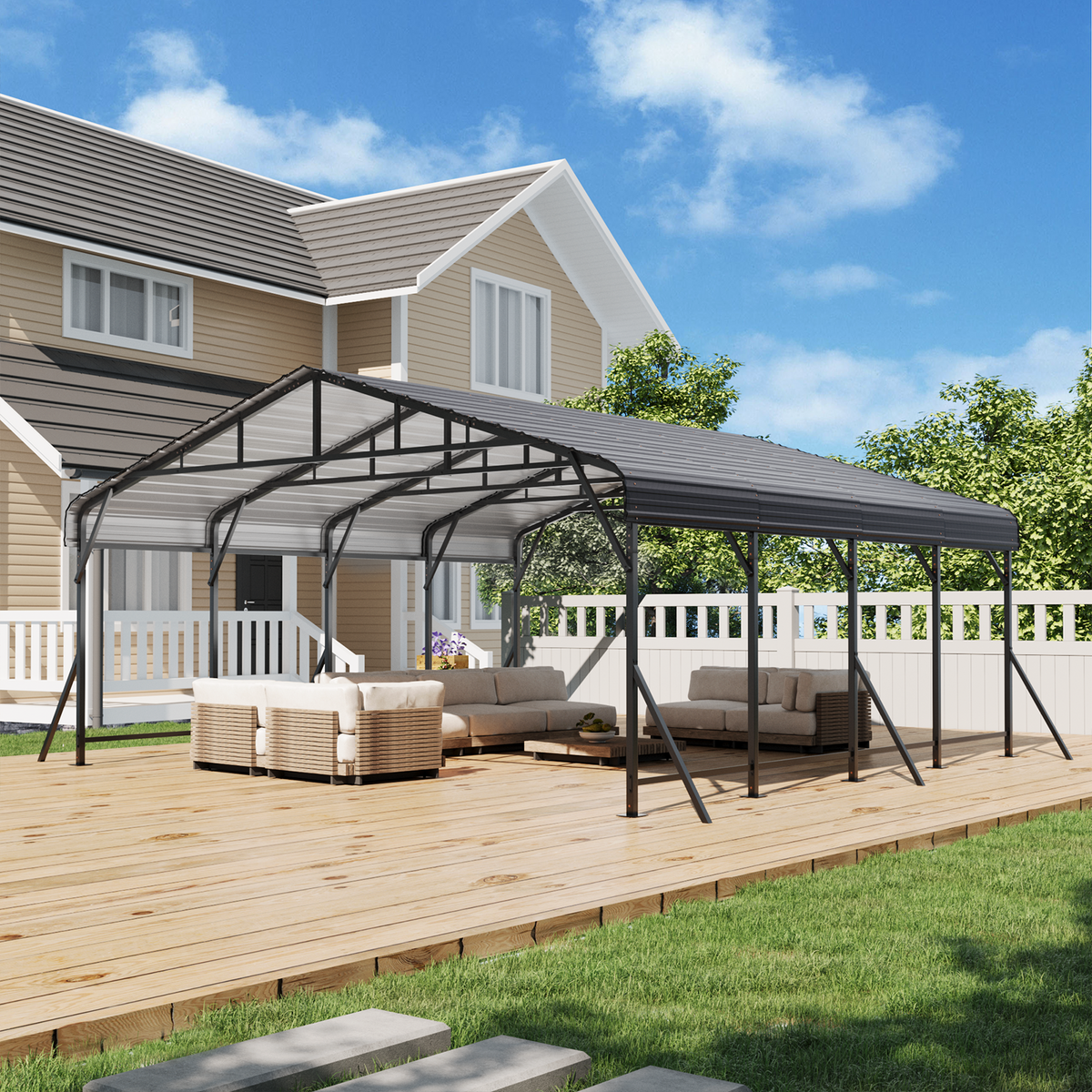 EROMMY 20x20 FT Heavy Duty Metal Carport with Reinforced Steel Braces & Galvanized Steel Roof and Frame, Sturdy Car Shed in All Weathers, Easy Assembly Car Shelter for 2 Cars, SUV, Tractors and Boat
