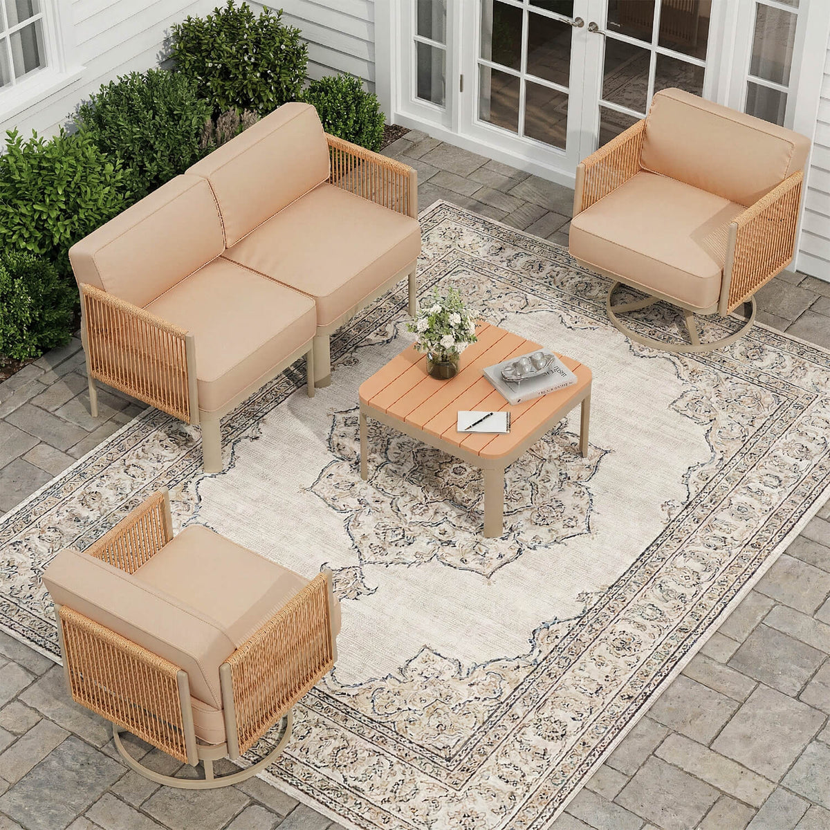 EROMMY 4 Piece Patio Furniture Set,Swivel Glider Rocking Chairs with 6" Thick Cushions, Loveseat & Coffee Table, Beige