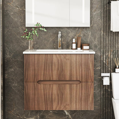 EROMMY 24 Inch Bathroom Vanity with Sink, Floating Bathroom Vanity with Ceramic Basin, Wall Mounted Bathroom Sink Cabinet Set with Soft-Close 2 Drawers, Faucet & Pop Up Drain, Walnut